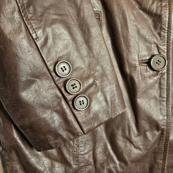 Vintage Chocolate Brown Leather Jacket Notched Lapel Button Front Coat S Classic - Picture 6 of 15